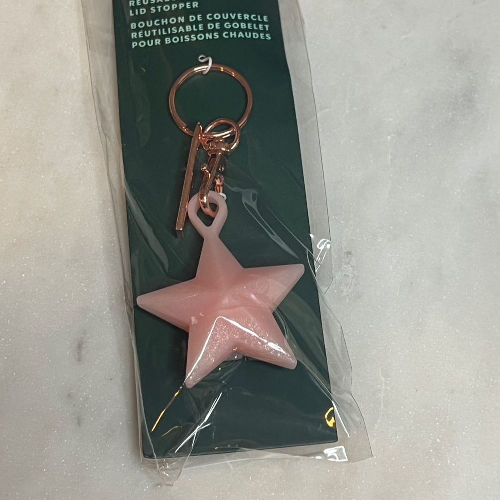 NWT Starbucks 2023 Holiday Pink Star Reusable Hot Cup Lid Stopper Keychain